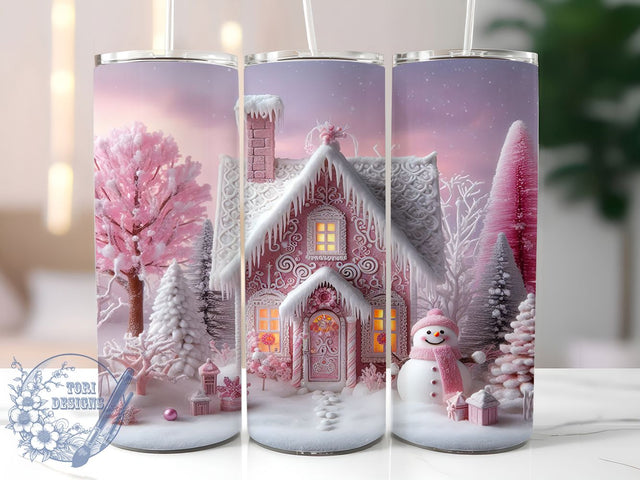 Pink Christmas House Snowman Tumbler, Snowman Holiday Wrap, 20oz Tumbler Sublimation, Cute Pink Winter Design, Festive Snowman Sublimation, Cozy Holiday Tumbler, Seasonal Christmas Wrap Sublimation ToriDesigns 