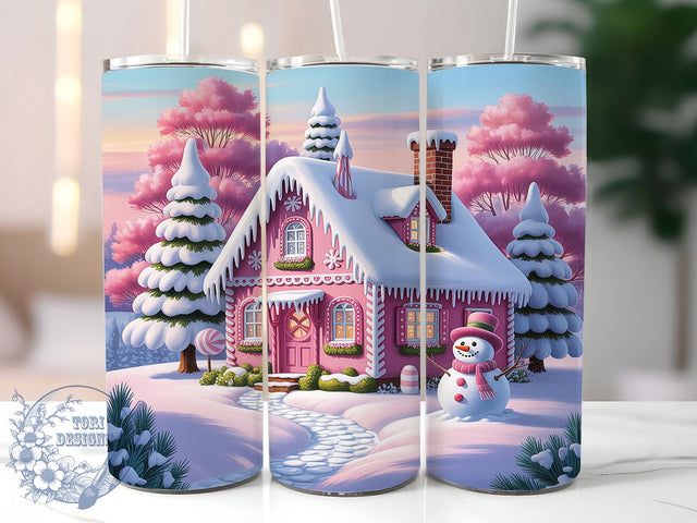 Pink Christmas House Snowman Tumbler, Snowman Holiday Wrap, 20oz Tumbler Sublimation, Cute Pink Winter Design, Festive Snowman Sublimation, Cozy Holiday Tumbler, Seasonal Christmas Wrap Sublimation ToriDesigns 