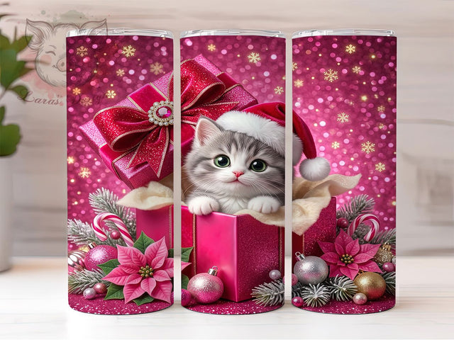 Pink Christmas Kitten 20oz Tumbler, Pink Kitten PNG, Pink Xmas Tumbler, Christmas Wrap PNG, Cute Festive Kitten, Holiday Tumbler Sub, Pink Cat Coffee, Winter Kitten Sub Sublimation Lara' s Designs 