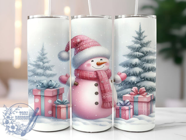 Pink Christmas Snowman 20oz Skinny Tumbler, Snowman Tumbler Png, Straight & Tapered Tumbler Wrap, Instant Digital Download Sublimation ToriDesigns 