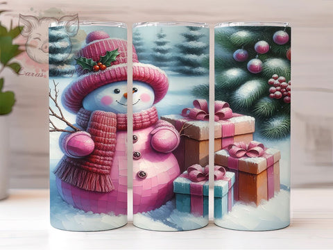 Pink Christmas Snowman 20oz Tumbler Png, Straight & Tapered Tumbler Png, Pink Snowman Tumbler Png, Digital Download PNG Sublimation Lara' s Designs 