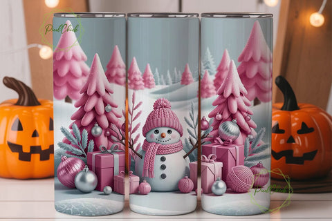 Pink Christmas Snowman 20oz Tumbler Wrap Sublimation PixelChick 