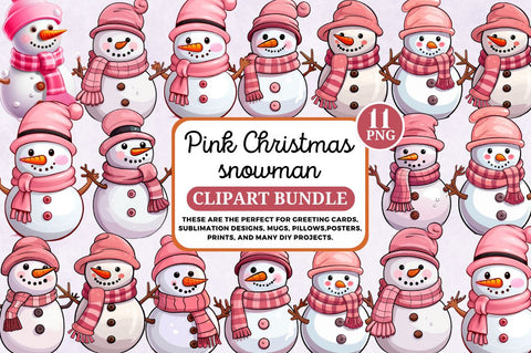 Pink Christmas Snowman PNG Clipart Bundle Sublimation Regulrcrative 
