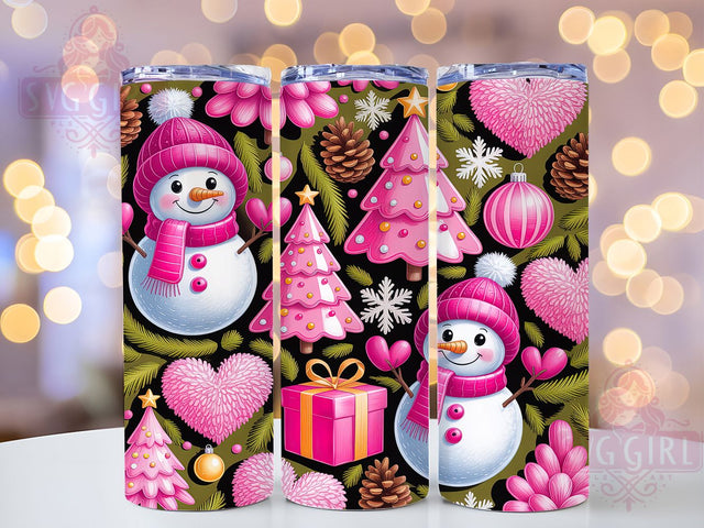 Pink Christmas Snowman Tumbler, Seamless Snowman Pattern, Pink Holiday Tumbler, 20Oz Wrap Design, Christmas Sublimation, Cute Snowman Art, Pastel Christmas Theme Sublimation SvggirlplusArt 