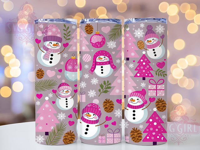 Pink Christmas Snowman Tumbler, Seamless Snowman Pattern, Pink Holiday Tumbler, 20Oz Wrap Design, Christmas Sublimation, Cute Snowman Art, Pastel Christmas Theme Sublimation SvggirlplusArt 