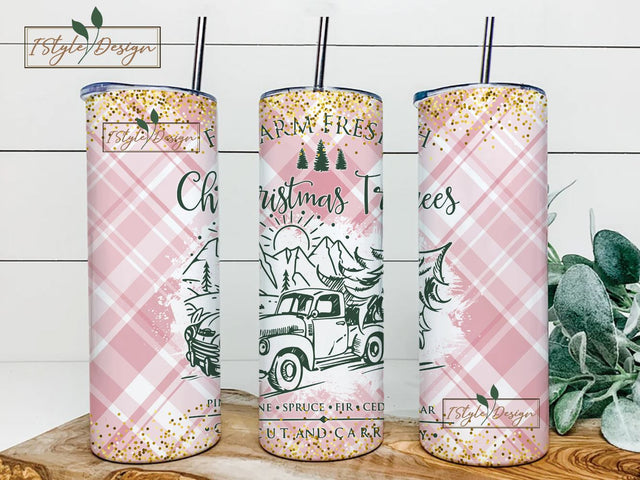 Pink Christmas Tree 20 oz Skinny Tumbler Sublimation Design Tree Farm Tumbler PNG Country Christmas Tumbler Design Digital Download Sublimation iStyleDesign 