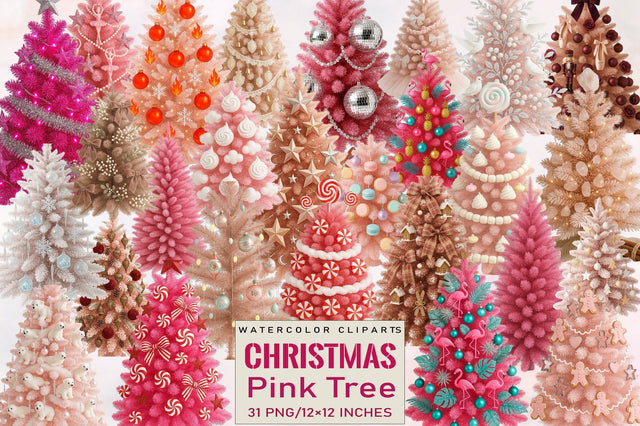 Pink Christmas Tree Clipart Bundle. Sublimation SVGArt 