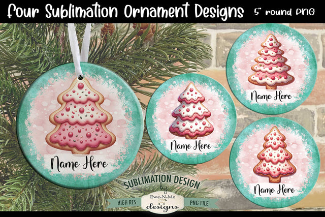 Pink Christmas Tree Cookie Ornament Designs PNG Files | Add Name Sublimation Ewe-N-Me Designs 