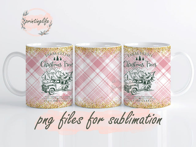 Pink Christmas Tree Mug Sublimation Design Tree Farm PNG Country Christmas Design Digital Download 11oz, pink gift, pink present, novelty mug, unique mug Sublimation PrintingLife 