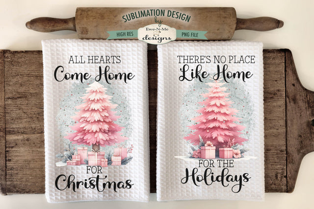 Pink Christmas Trees Kitchen Towel Sublimation PNG Designs Sublimation Ewe-N-Me Designs 