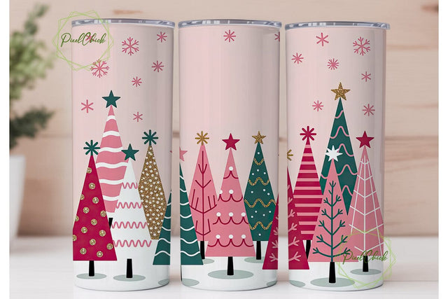 Pink Christmas Trees Tumbler Wrap Sublimation PixelChick 