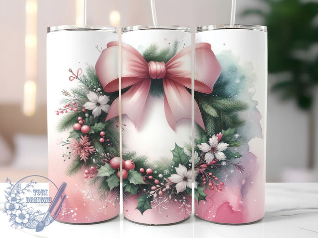 Pink Christmas Tumbler, Christmas Wreath Design, 20oz Tumbler Wrap, Holiday Drinkware, Festive Decor, Cute Holiday Gift, Winter Sublimation PNG Sublimation ToriDesigns 