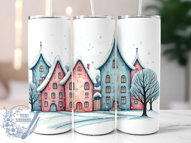 Pink Christmas Tumbler, Vintage Village Design, 20oz Tumbler Wrap, Holiday Decor, Festive Drinkware, Cute Christmas Gift, Winter Village Sublimation PNG Sublimation ToriDesigns 