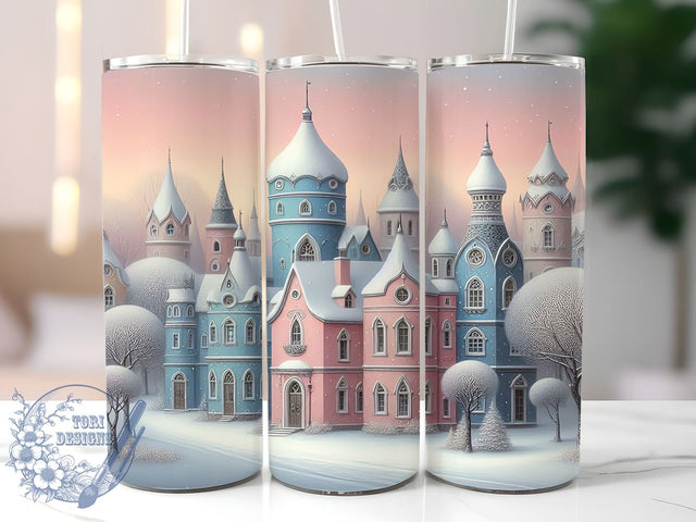 Pink Christmas Tumbler, Vintage Village Design, 20oz Tumbler Wrap, Holiday Decor, Festive Drinkware, Cute Christmas Gift, Winter Village Sublimation PNG Sublimation ToriDesigns 