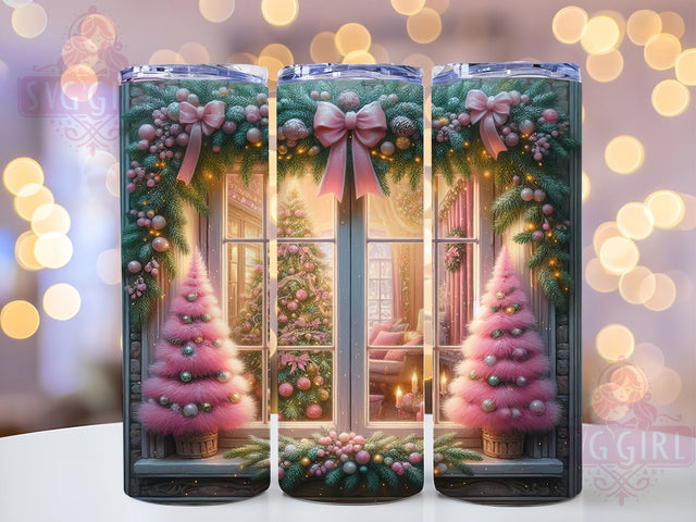 Pink Christmas Tumbler Wrap, Holiday Window Design PNG, 20oz Sublimation Tumbler, Christmas Tree Drinkware, Cute Holiday Decor, Festive Drinkware Design, Winter Wonderland Tumbler Sublimation SvggirlplusArt 
