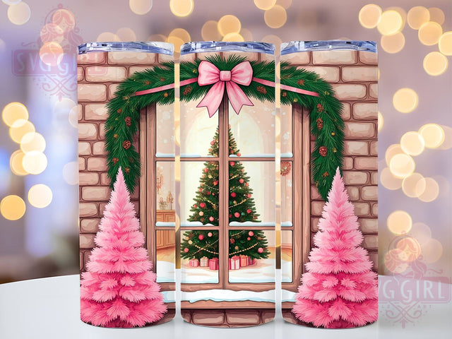 Pink Christmas Tumbler Wrap, Holiday Window Design PNG, 20oz Sublimation Tumbler, Christmas Tree Drinkware, Cute Holiday Decor, Festive Drinkware Design, Winter Wonderland Tumbler Sublimation SvggirlplusArt 