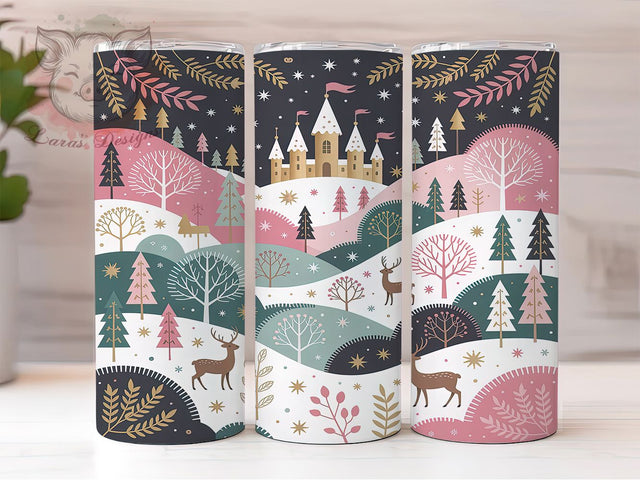 Pink Christmas Village Wonderland Tumbler, Pastel Holiday Wrap, Elegant Winter Wonderland Mug, Gold Foil Castle Cup, Sublimation Wrap, Festive Drinkware, Cute Christmas Gift Sublimation Lara' s Designs 