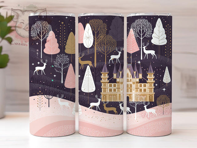 Pink Christmas Village Wonderland Tumbler, Pastel Holiday Wrap, Elegant Winter Wonderland Mug, Gold Foil Castle Cup, Sublimation Wrap, Festive Drinkware, Cute Christmas Gift Sublimation Lara' s Designs 
