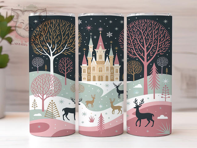 Pink Christmas Village Wonderland Tumbler, Pastel Holiday Wrap, Elegant Winter Wonderland Mug, Gold Foil Castle Cup, Sublimation Wrap, Festive Drinkware, Cute Christmas Gift Sublimation Lara' s Designs 