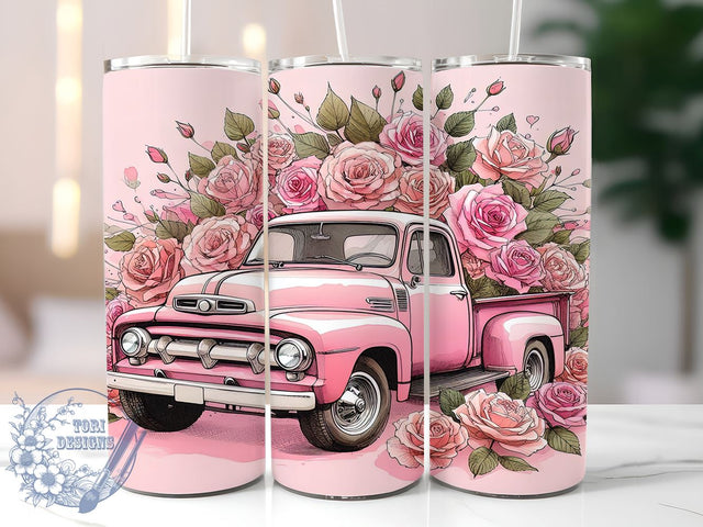 Pink Christmas Vintage Truck 20oz Skinny Tumbler, Vintage Truck Tumbler Png, Straight & Tapered Tumbler Wrap, Instant Digital Download Sublimation ToriDesigns 