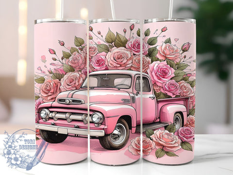 Pink Christmas Vintage Truck 20oz Skinny Tumbler, Vintage Truck Tumbler Png, Straight & Tapered Tumbler Wrap, Instant Digital Download Sublimation ToriDesigns 