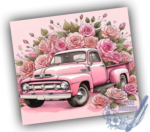 Pink Christmas Vintage Truck 20oz Skinny Tumbler, Vintage Truck Tumbler Png, Straight & Tapered Tumbler Wrap, Instant Digital Download Sublimation ToriDesigns 