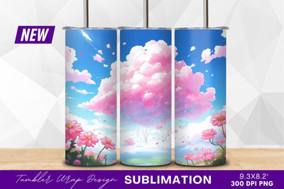 Pink cloud daisies serene landscape tumbler png Sublimation Regulrcrative 