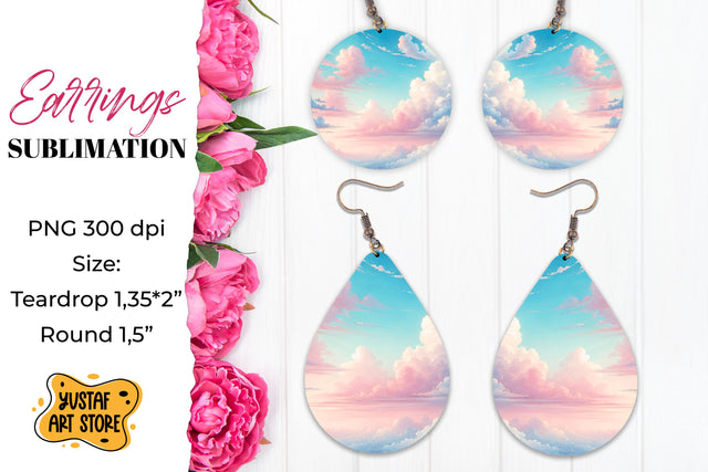 Pink cloud Sky Earrings Sublimation. Teardrop/Round Sublimation Yustaf Art Store 