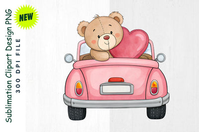 Pink Convertible with Teddy Bear and Heart Sublimation Clipart Sublimation Regulrcrative 