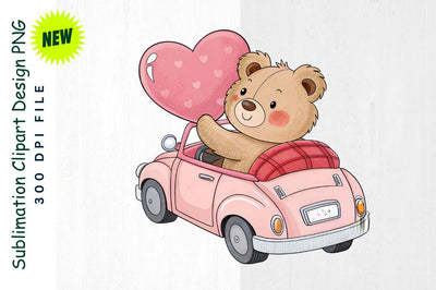 Pink Convertible with Teddy Bear and Heart Sublimation Clipart Sublimation Regulrcrative 