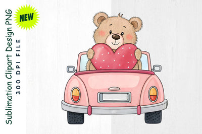 Pink Convertible with Teddy Bear and Heart Sublimation Clipart Sublimation Regulrcrative 