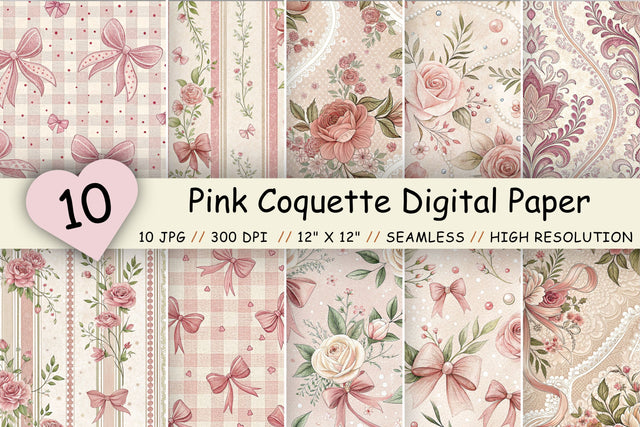 Pink Coquette Digital Paper Pack, Feminine Floral & Bow Seamless Patterns, Scrapbooking & Printable Crafts Digital Pattern FloridPrintables 