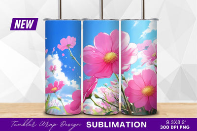 Pink cosmos flowers against blue sky tumbler png Sublimation Regulrcrative 