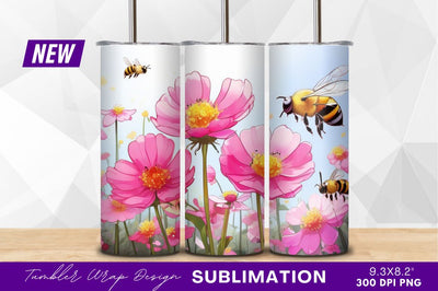 Pink cosmos flowers and bees tumbler png Sublimation Regulrcrative 