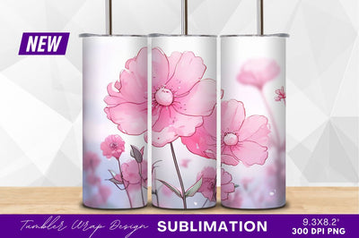 Pink cosmos flowers digital illustration tumbler png Sublimation Regulrcrative 