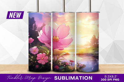 Pink cosmos flowers near serene lake tumbler png Sublimation Regulrcrative 