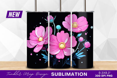 Pink cosmos flowers on black background tumbler png Sublimation Regulrcrative 