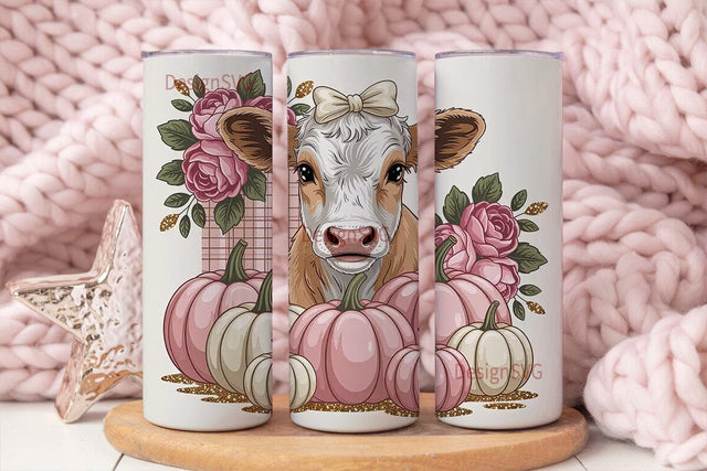 Pink Cow with Pumpkins 20oz Tumbler Wrap Sublimation DesignSVG 