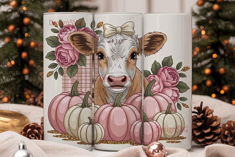 Pink Cow with Pumpkins 20oz Tumbler Wrap Sublimation DesignSVG 