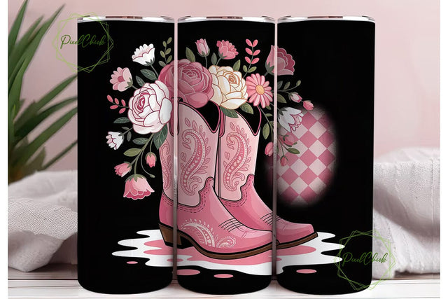 Pink Cowboy Boots Floral 20oz Tumbler Sublimation PixelChick 