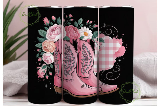 Pink Cowboy Boots Floral 20oz Tumbler Sublimation PixelChick 