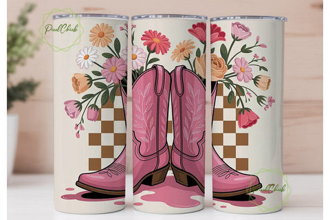 Pink Cowboy Boots Floral 20oz Tumbler Sublimation PixelChick 