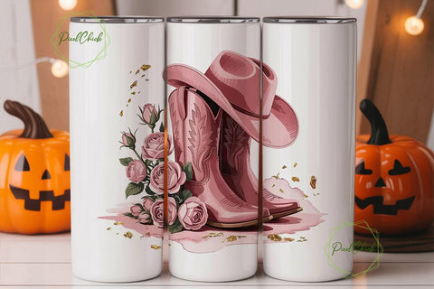 Pink Cowboy Boots & Roses 20oz Tumbler Sublimation PixelChick 
