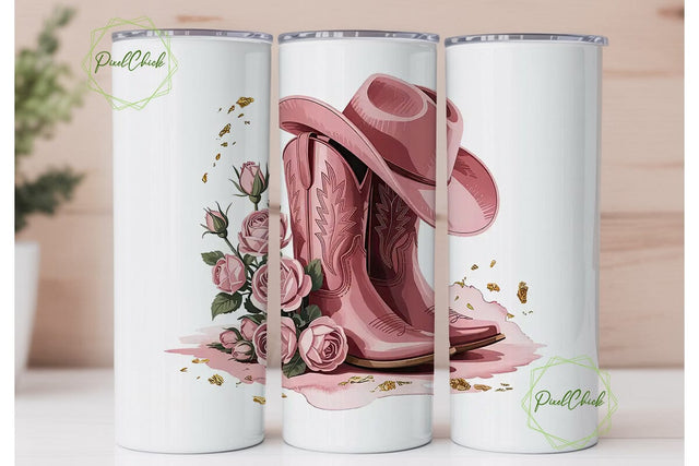 Pink Cowboy Boots & Roses 20oz Tumbler Sublimation PixelChick 