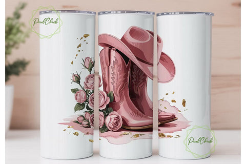 Pink Cowboy Boots & Roses 20oz Tumbler Sublimation PixelChick 