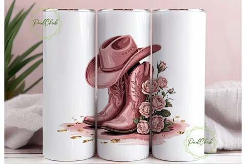 Pink Cowboy Boots & Roses 20oz Tumbler Sublimation PixelChick 
