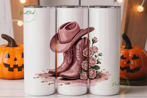 Pink Cowboy Boots & Roses 20oz Tumbler Sublimation PixelChick 
