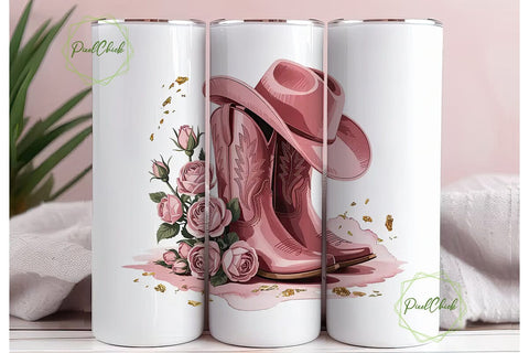 Pink Cowboy Boots & Roses 20oz Tumbler Sublimation PixelChick 