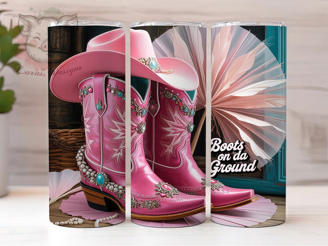 Pink Cowgirl Boots Western Tumbler, Western Boots Sublimation PNG, 20oz Skinny Tumbler Design, Country Girl Wrap Design, Rodeo Cowgirl Tumbler, Boots On Da Ground PNG Sublimation Lara' s Designs 