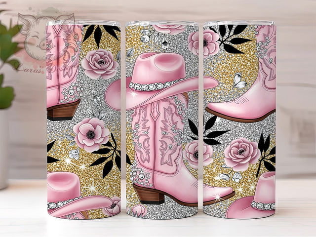 Pink Cowgirl Boots Western Tumbler Wrap, Sublimation Design, Cowgirl Boots Wrap, Pink Cowgirl Hat, Western Tumbler Design, Floral Country Style, 20Oz Tumbler Sublimation Lara' s Designs 